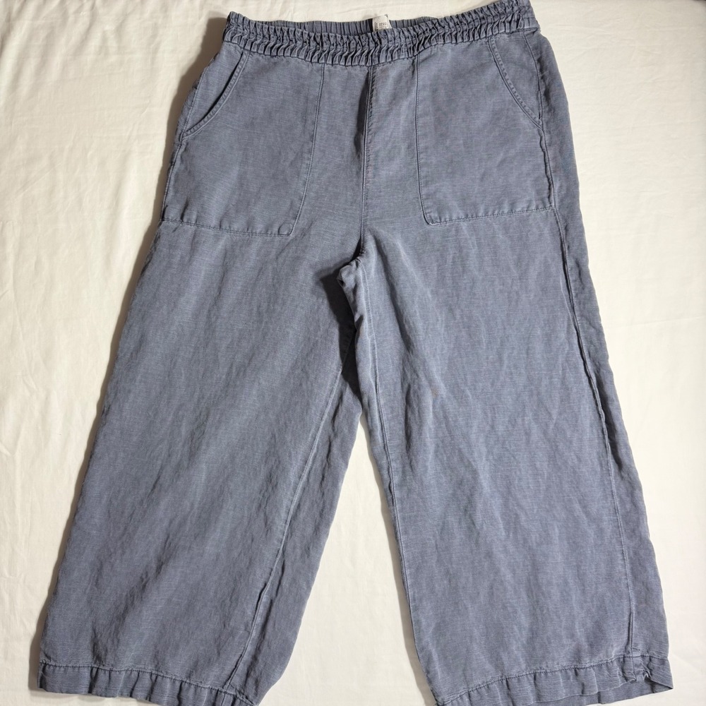Joie Linen Blend Wide Leg Cropped Pants Blue Grey Smocked Elastic Waist Womens L